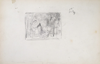 Sketch of figures in a room one sitting and one kneeling
