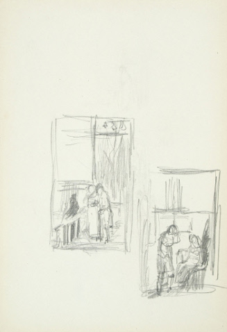Sketch of two rooms with two figures in each room