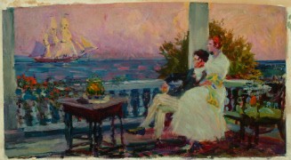 Man and woman on porch looking at ship on water
