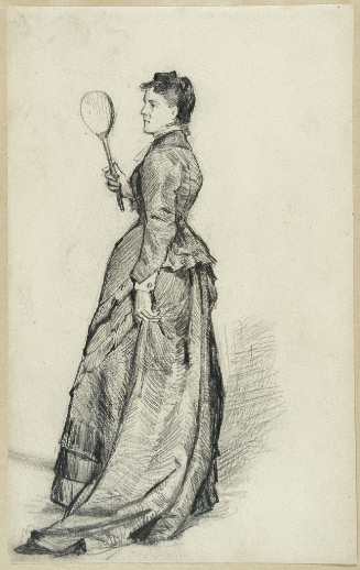 Woman holding mirror and train of dress