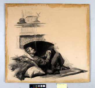Man reclining in front of fireplace