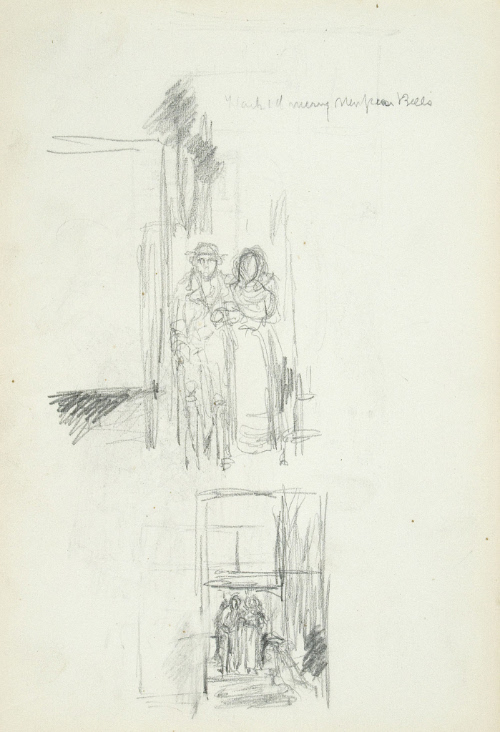 Sketch of a couple and below room with couple decending a staircase