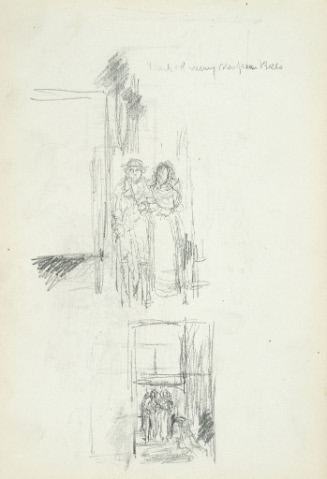 Sketch of a couple and below room with couple decending a staircase