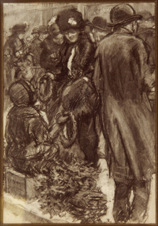 Woman wearing furs buying wreath