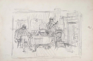 Sketch of two men in office setting, one with rifle and military hat, and window sign Democracy Arise, vote Old Hickory