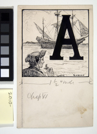 Illustrated initial A for Kidnapped / Headpiece for chapter VI / man in tricorn hat observing sailing ship