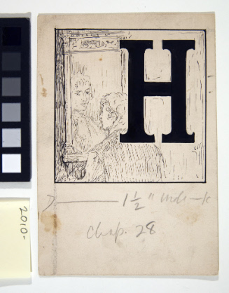 Illustrated initial H for Kidnapped / Headpiece for chapter XXVIII / man at mirror
