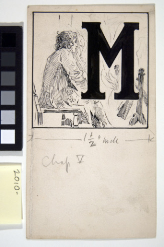 Illustrated initial M for Kidnapped /  Headpiece for chapter V / man seated on chair