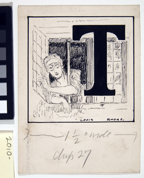 Illustrated initial T for Kidnapped /  Headpiece for chapter XXVII  / woman at window