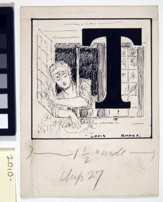 Illustrated initial T for Kidnapped /  Headpiece for chapter XXVII  / woman at window
