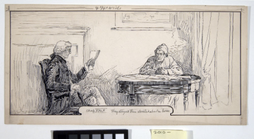 Headband for Chapter 29 of Kidnapped / man reading papers and man seated at table