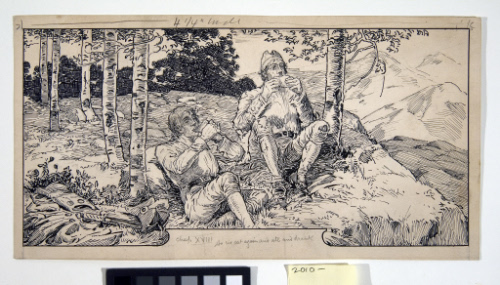 Headband for Chapter 18 of Kidnapped / two men seated among trees with mountains in background