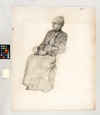 Seated woman in long dress with high collar