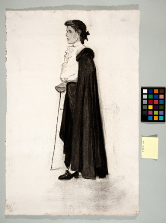 Standing profile of young man with ruffled shirt, cape and sword