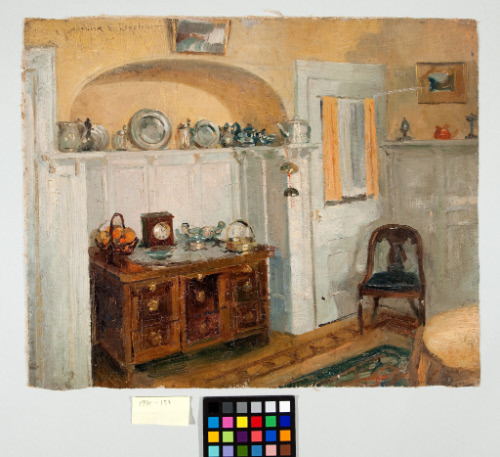 Interior scene with plates on mantel