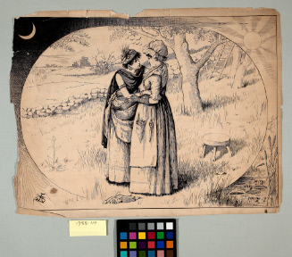 Two women in historic costumes greeting each other in landscape