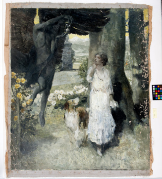 Woman, dog, and mythological male figure in landscape