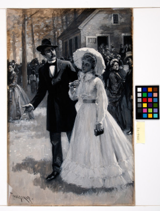 Man and woman in historic costume walking and conversing outside a church