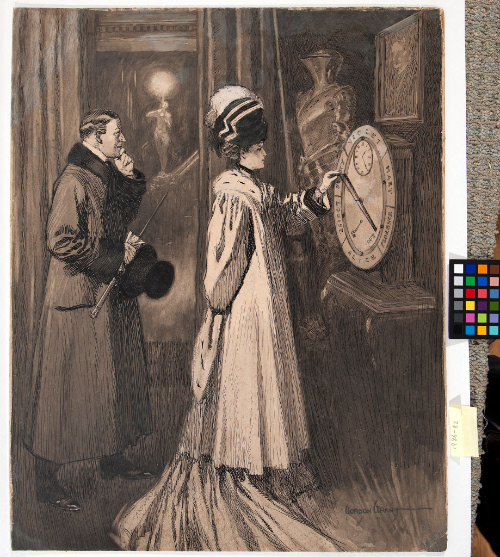 Keeping Tabs on the Girls.  One of the six daughters (Something after midnight). "Oh, it's a horrid idea of Papa's! Every morning he looks at the time slip to see when we got home the night before!"