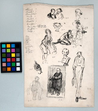 Caricature Sketches of Robert Henri, Sloan's Portrait of Albert Ullman, and Other Subjects, with Lists for Sloan's Word Puzzles (Types of Eggs and Puddings)