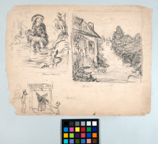 Sketches of Woman Wading, House with "To Let" Sign, "Fairbanks Scales"