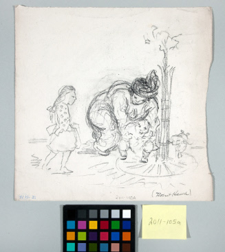 Comic Sketch of Woman with Children and Dog Urinating on Tree