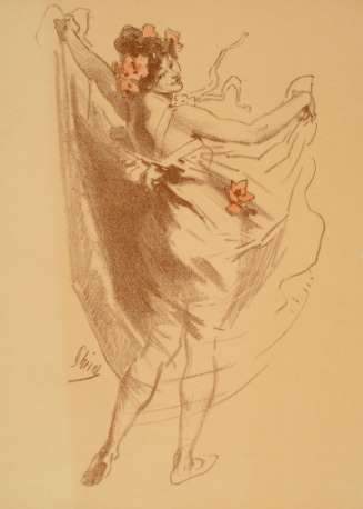 Woman in filmy dress and flowers, dancing