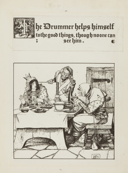 Illustration for King Stork; The Drummer helps himself to the good things, though no one can see him.