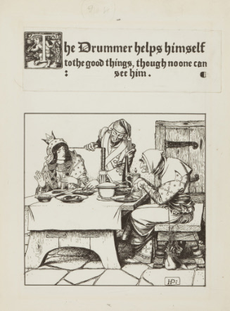 Illustration for King Stork; The Drummer helps himself to the good things, though no one can see him.