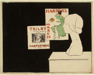 Drawing of two Harper's posters with sculpture bust