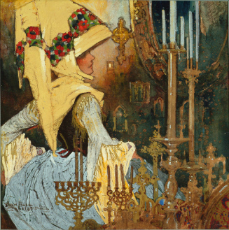 Woman in elaborate hat among candles and icons