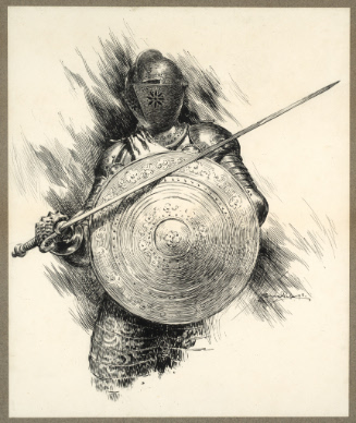 Warrior in armor with shield and sword