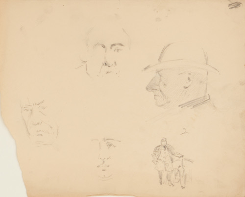 Untitled; 4 Sketches of Man's Head and a Man with Bicycle