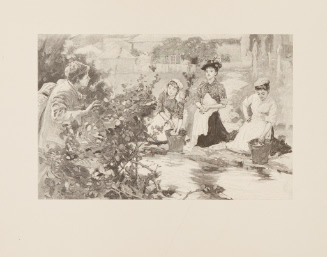 On the farther side of the stream three young women were kneeling