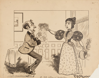 Woman showing dead potted flowers to man