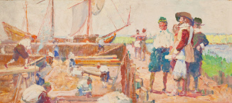 Seventeenth century scene of man in cavalier's hat directing construction near ship with Native Americans in background