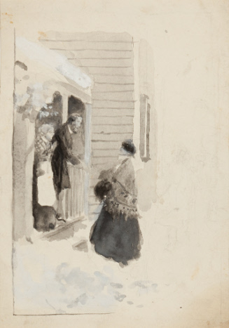 Couple on porch greeting arriving woman wearing shawl