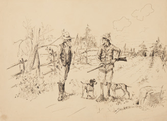 Two men talking outdoors, one with rifle and two dogs