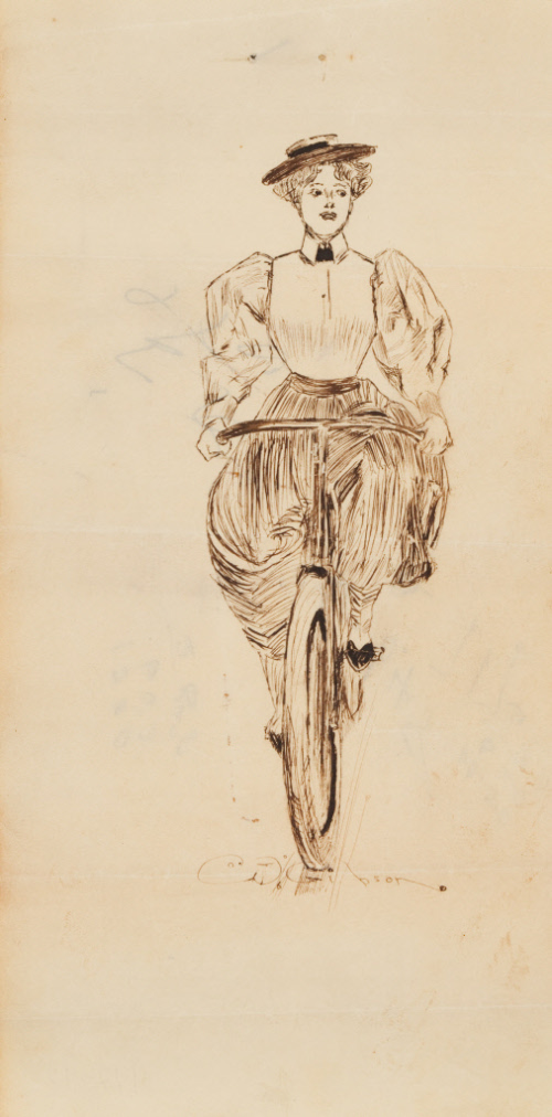 "Gibson Girl" with mutton-chop sleeve blouse, high collar and hat, riding bicycle