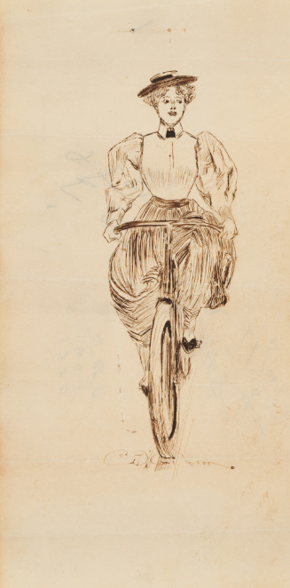 "Gibson Girl" with mutton-chop sleeve blouse, high collar and hat, riding bicycle