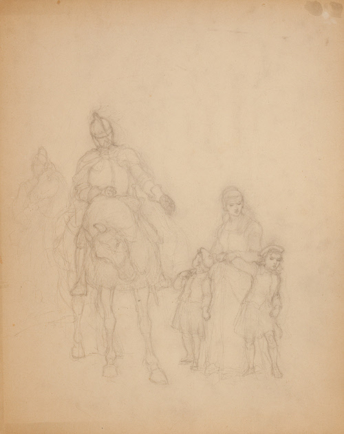 Knight on horseback with woman and children