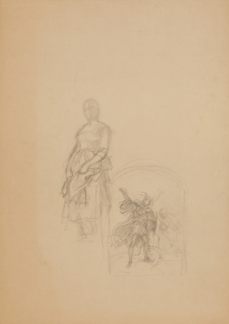 Sketch of woman in dress; sketch of man with arm raised