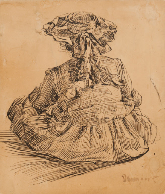 Rear view of girl sitting cross-legged, wearing hat with ribbon