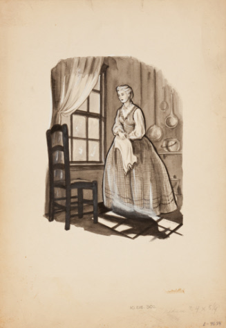 Woman in historic dress standing in kitchen