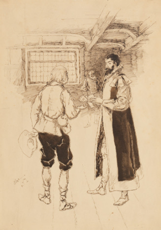 Two men in historic dress exchanging money