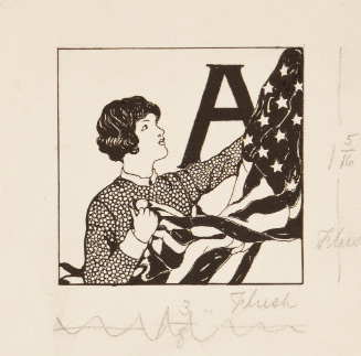 Initial A illustrated with women holding  American flag