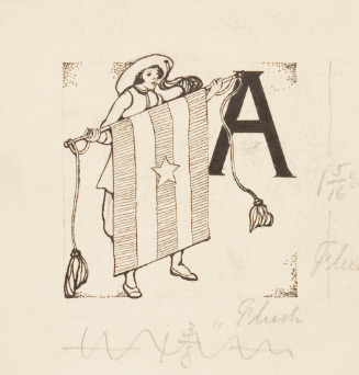 Initial A illustrated with woman in historic costume holding banner with star and stripes