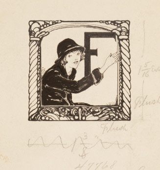 Initial F illustrated with woman in frame wearing hat and coat