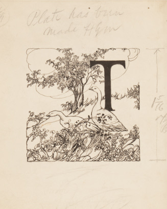 Initial T illustrated with two geese in landscape