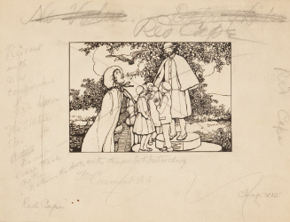 Woman, three children, and figure on pedestal